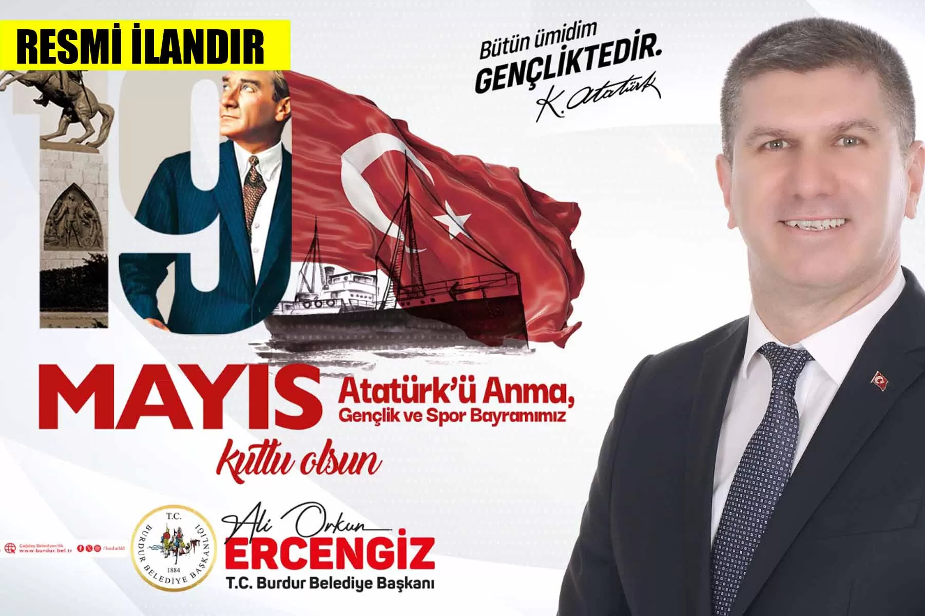 19 MAYIS ATATÜRK'Ü ANMA GENÇLİK VE SPOR BAYRAMI	 KUTLAMA MESAJI