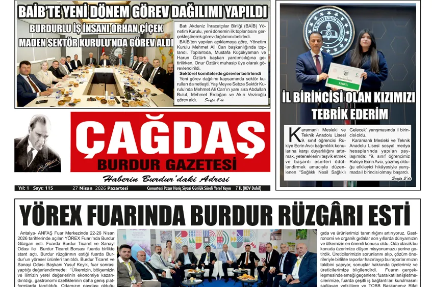 ÇAĞDAŞ BURDUR GAZETESİ'NİN GAZETEMİZ 27 NİSAN 2026 TARİHLİ SAYISI