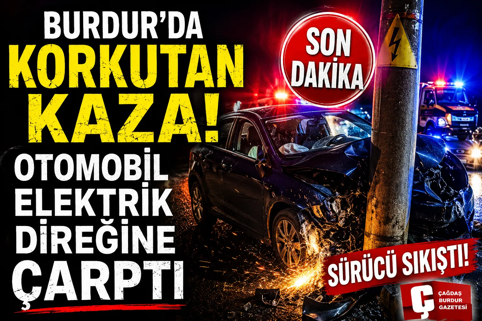 BURDUR’DA OTOMOBİL ELEKTRİK DİREĞE ÇARPTI: 1 YARALI